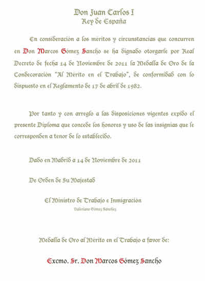 El Ministro de Trabajo e Inmigracin Valeriano Gmez Snchez impone al Dr. D. Marcos Gmez Sancho la Medalla de Oro al Mrito en el Trabajo